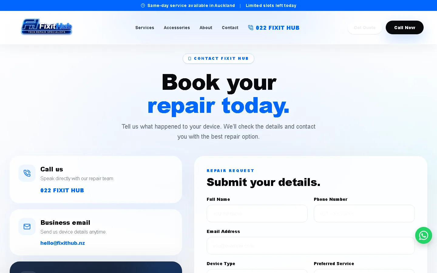 The FixitHub contact page with the enquiry form.