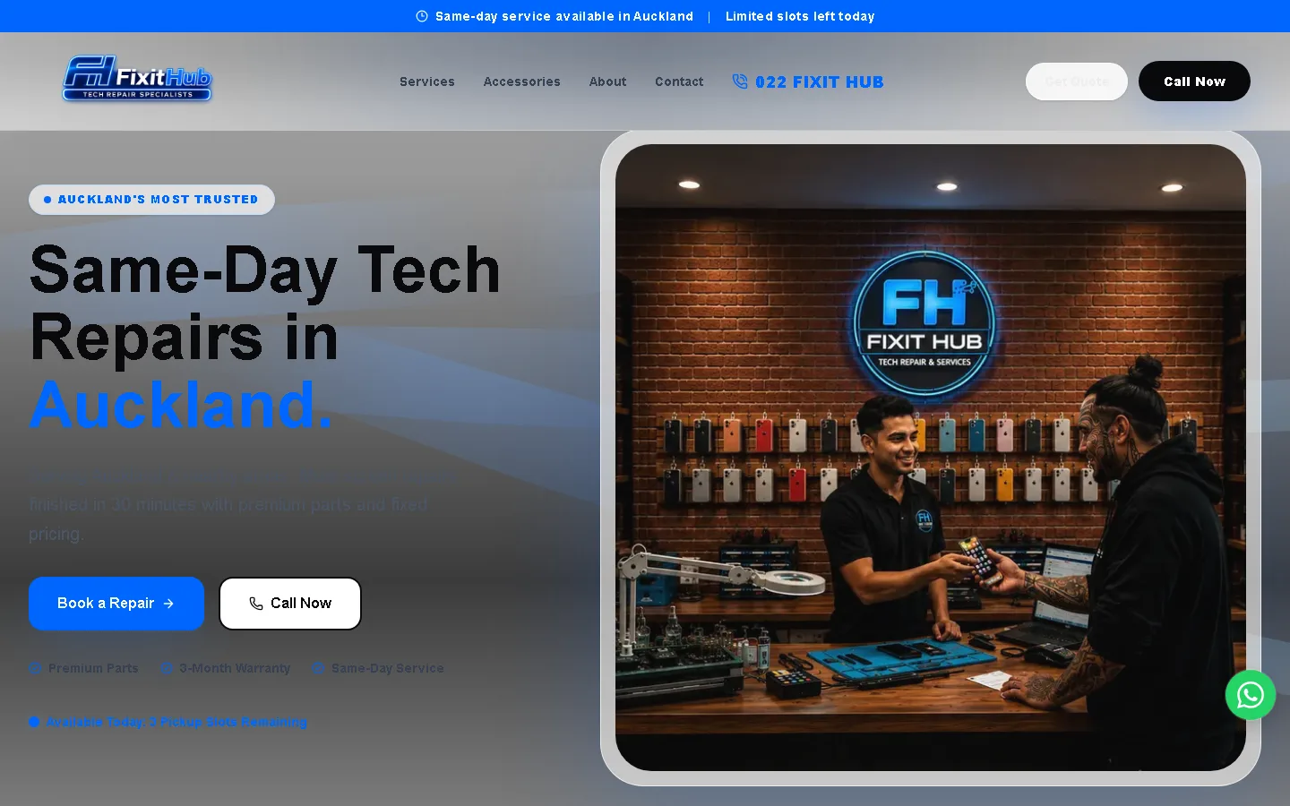 The FixitHub homepage hero: “Same-Day Tech Repairs in Auckland.” with Book a Repair and Call Now buttons.
