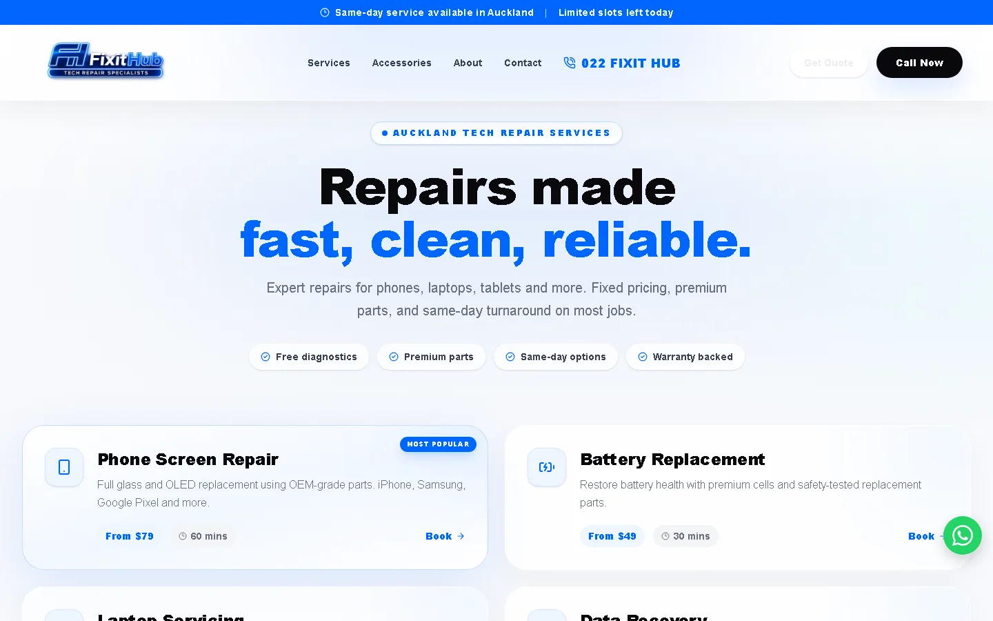 The FixitHub services page: the headline “Repairs made fast, clean, reliable.” above service cards for screen repair and battery replacement.